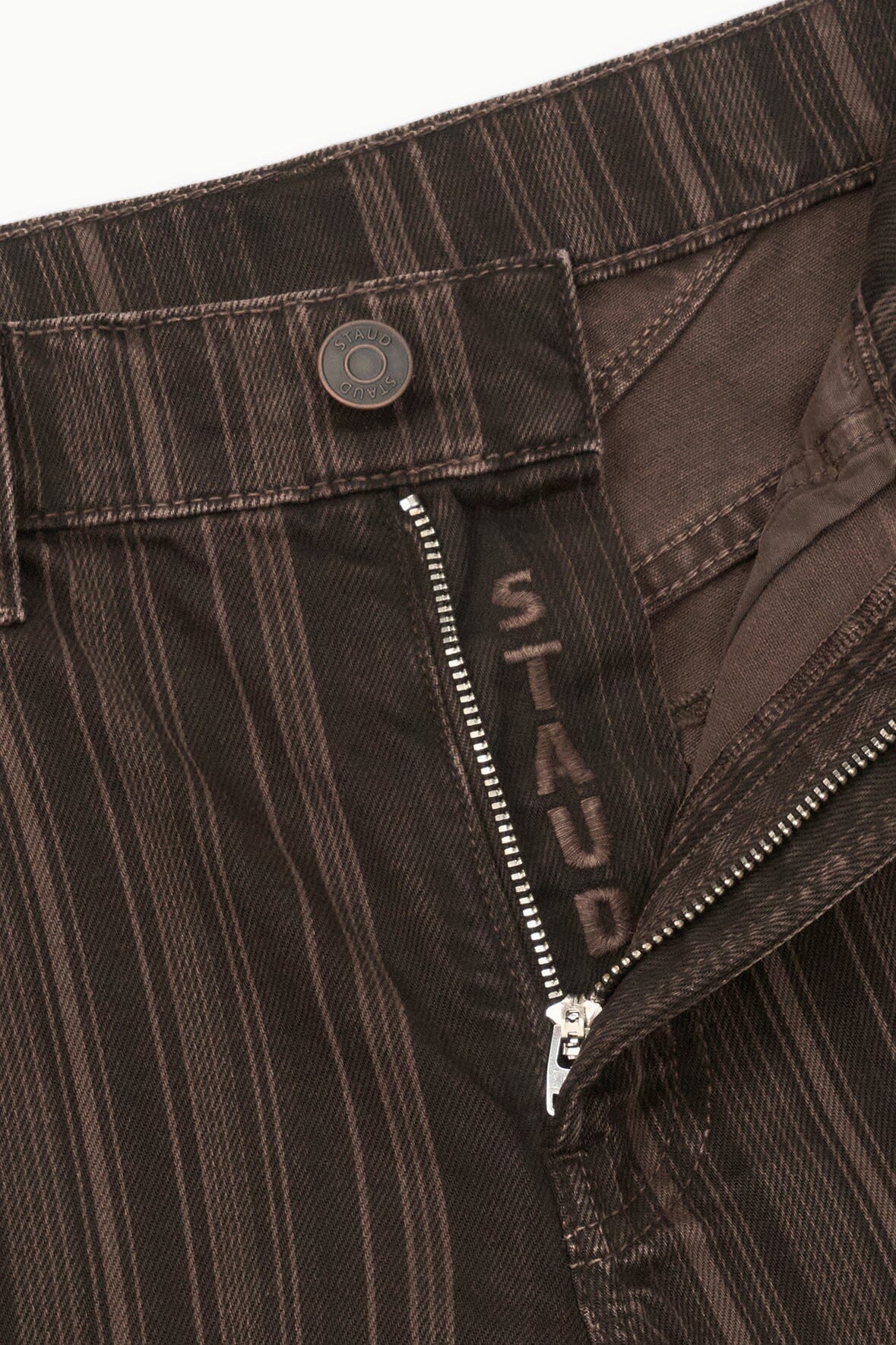 Dark espresso-striped jeans close-up: zip fly and metal button detail