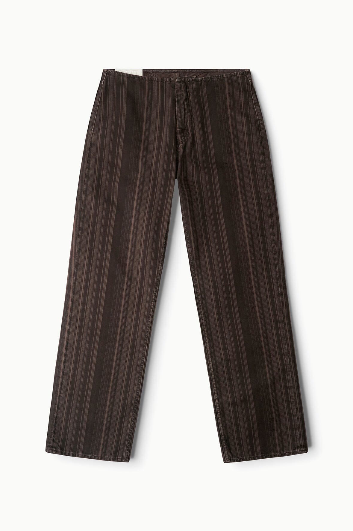 Dark brown pinstripe jeans with relaxed straight leg and elastic waistband