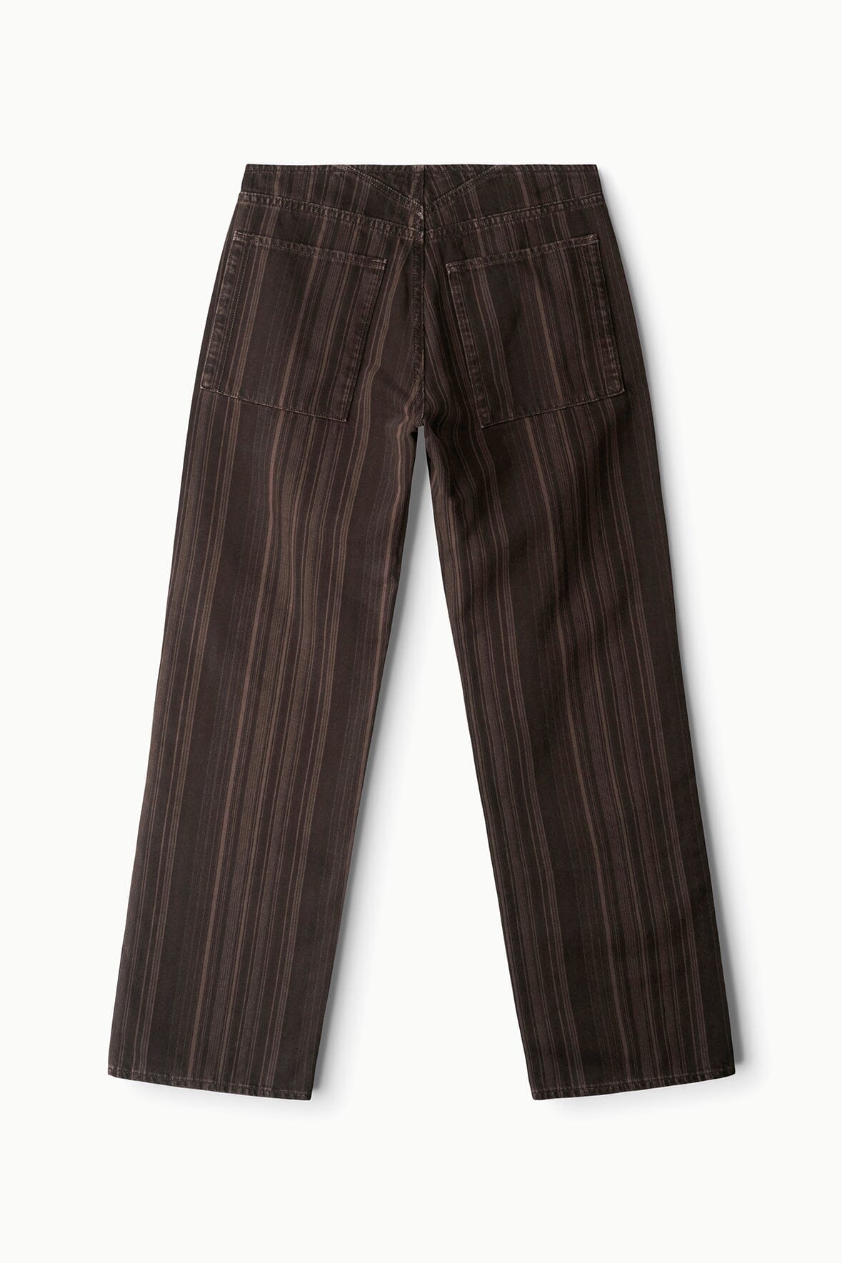 Dark brown pinstripe jeans with straight fit and elastic waistband at top