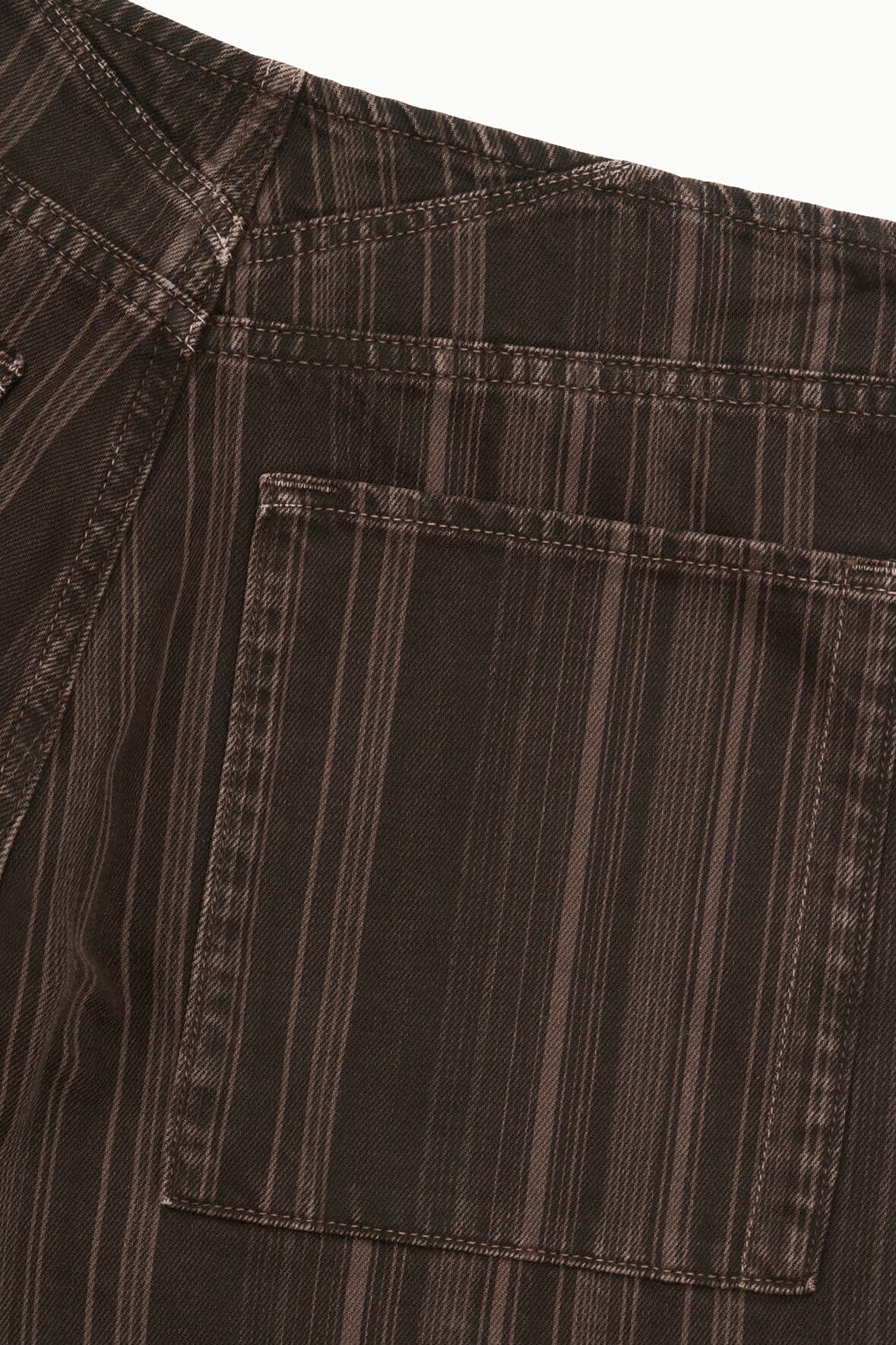 Dark brown pinstripe jeans with stitched waistband and rectangular back pocket