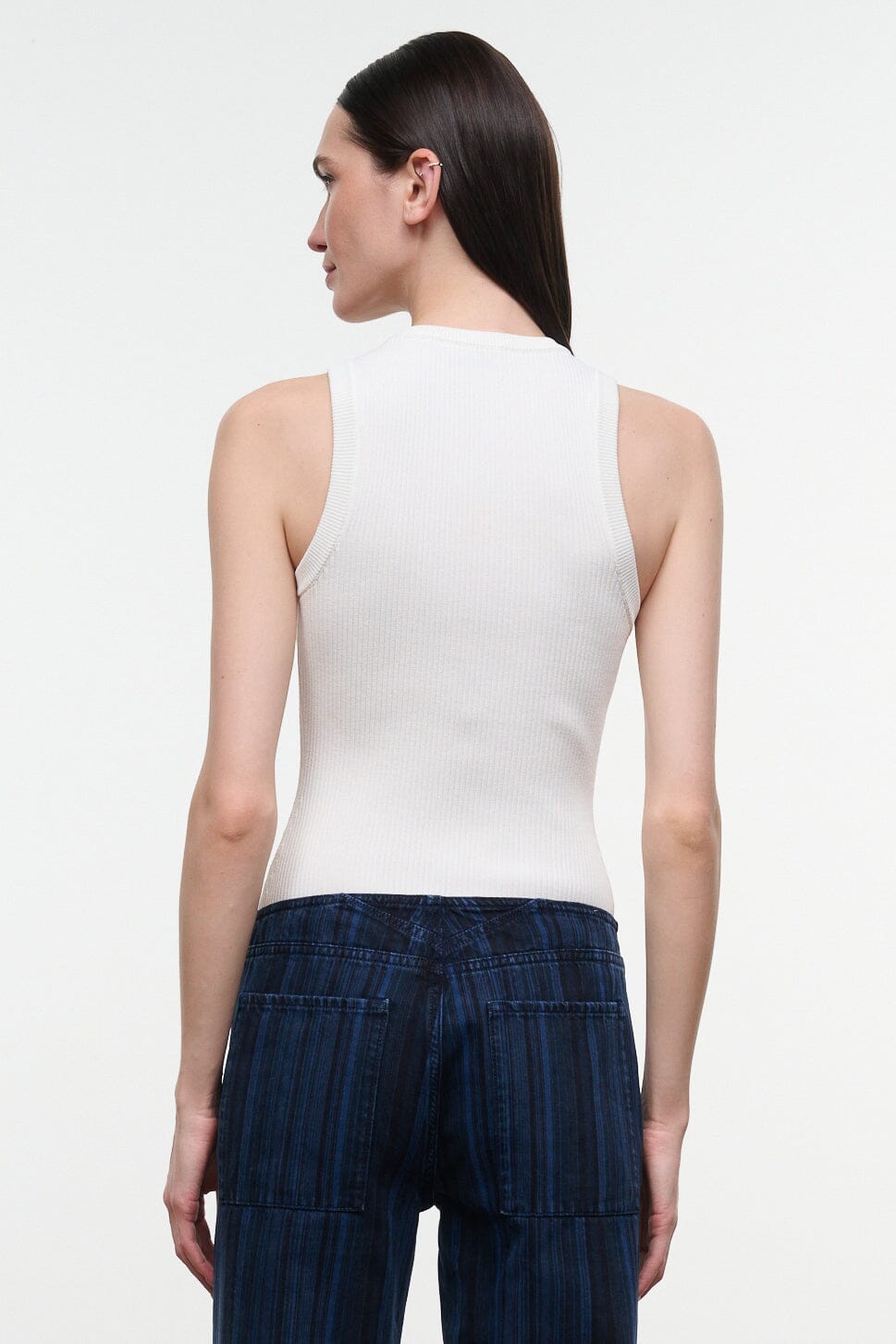 White sleeveless tank top, ribbed knit, open back with crew neckline
