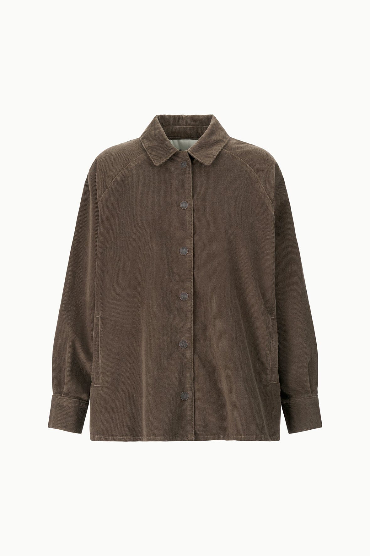 Brown corduroy shirt jacket with button front and pointed collar