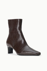 Espresso brown snake-textured ankle boot with block heel, angled side view