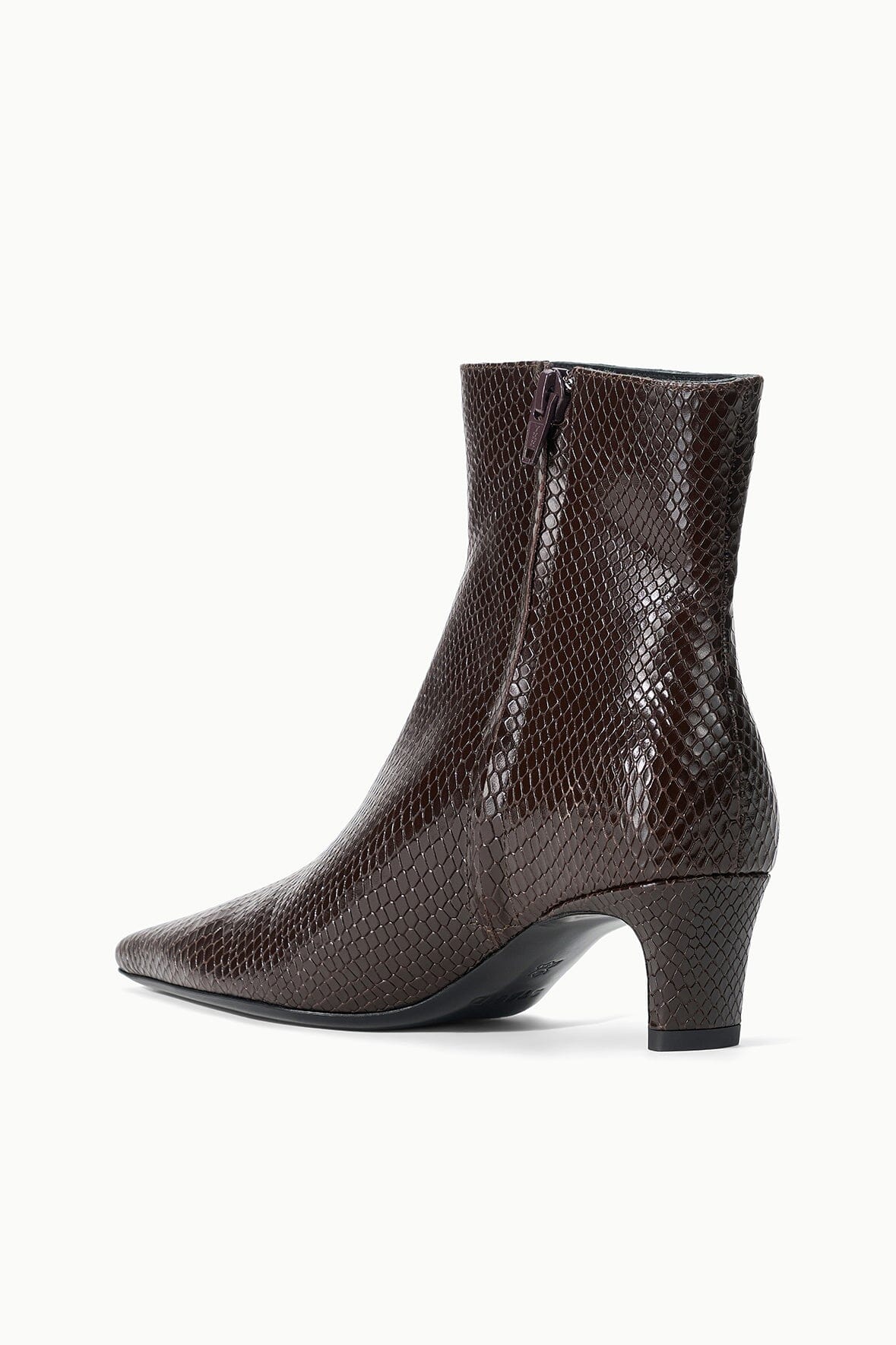 Espresso brown snake-textured ankle boot with sleek pointed toe and mid heel