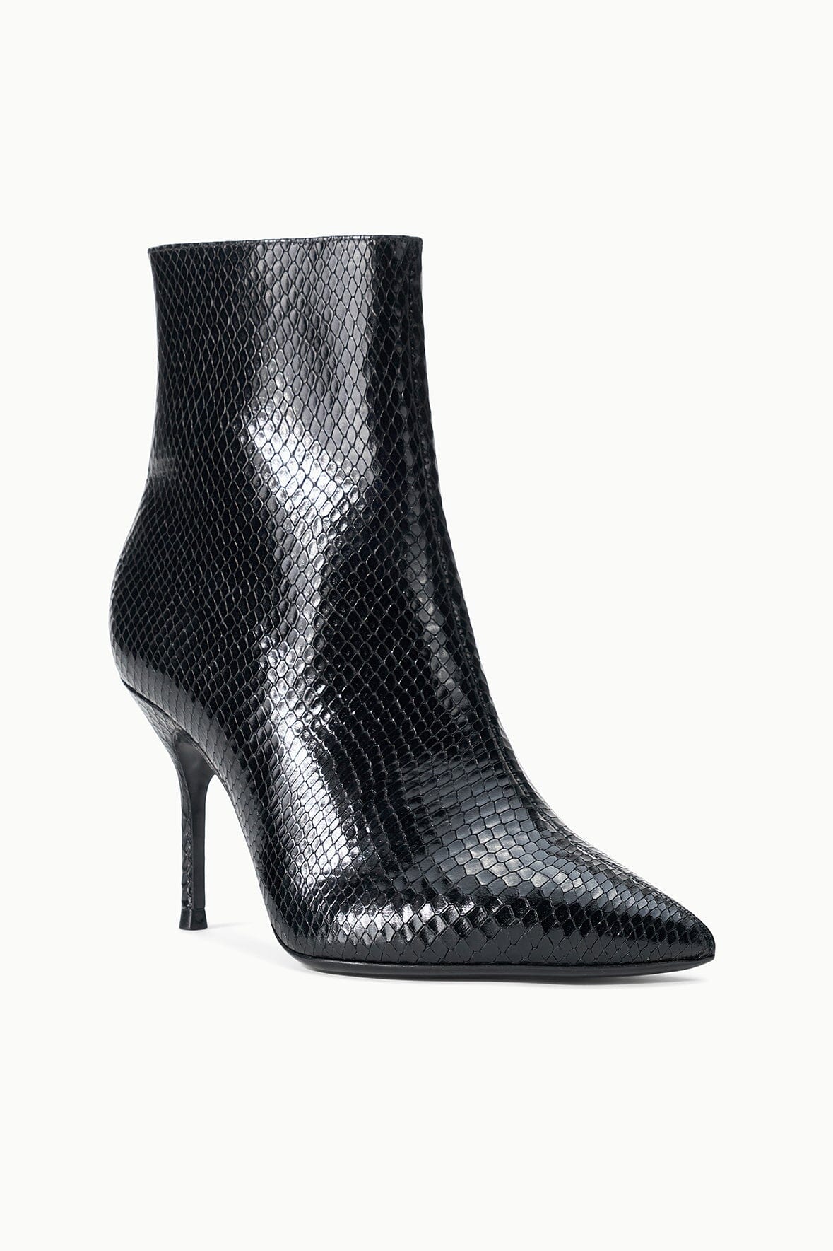 Black snake-print ankle boot, side view, slim stiletto heel