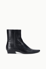 Black snake-embossed flat ankle boot with pointed toe and low block heel