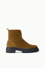 Miles zip ankle boots in cigar-brown suede with side zipper and chunky black lug sole