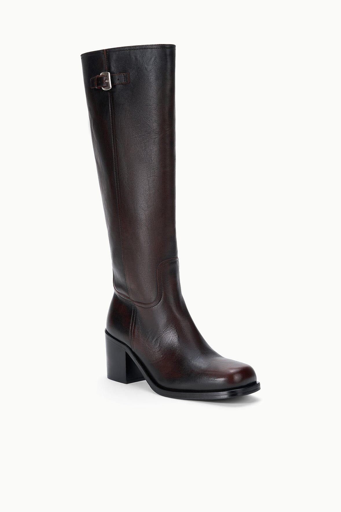 Side view of knee-high dark leather boots with metal buckle and block heel