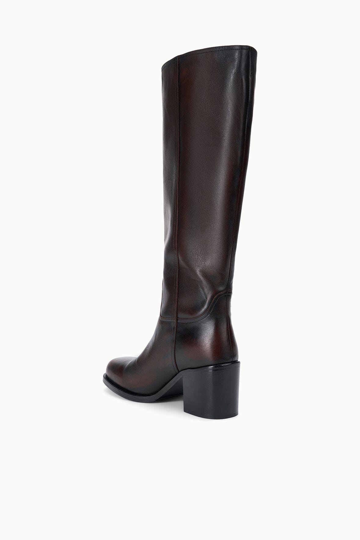 Knee-high dark leather boots with block heel and stitched upper seam