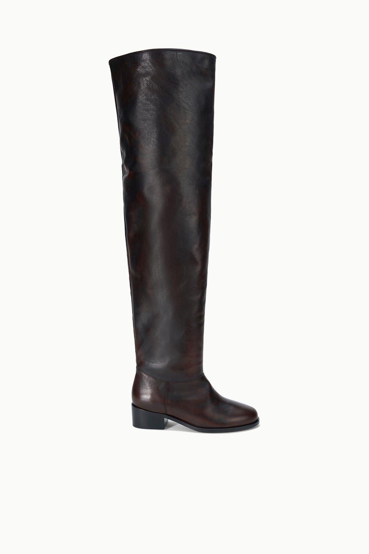 Over-the-knee boots, dark espresso distressed leather, rounded toe, low block heel