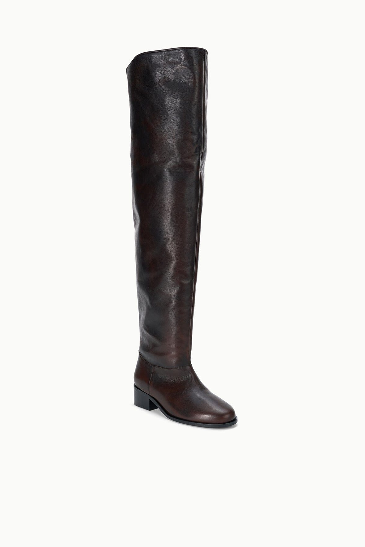 Over-the-knee boots, dark espresso distressed leather, side view, low block heel