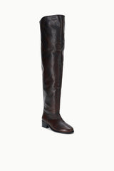 Over-the-knee boots, dark espresso distressed leather, side view, low block heel