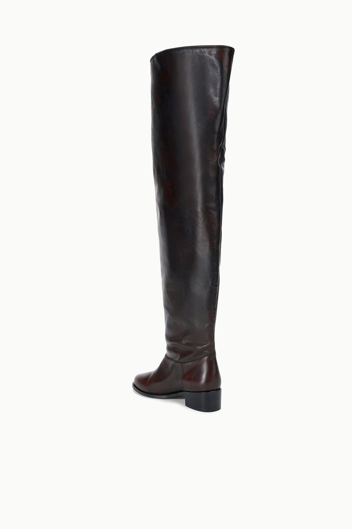 Over-the-knee boots, dark espresso distressed leather, rear angle, low block heel