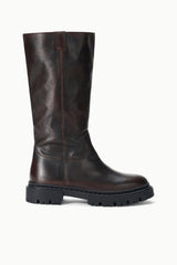 Tall distressed leather boots in espresso brown with side seam and chunky lug sole