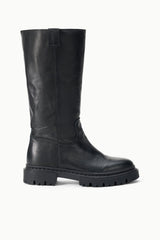 Black tall leather boot front view with side pull tab and lug sole