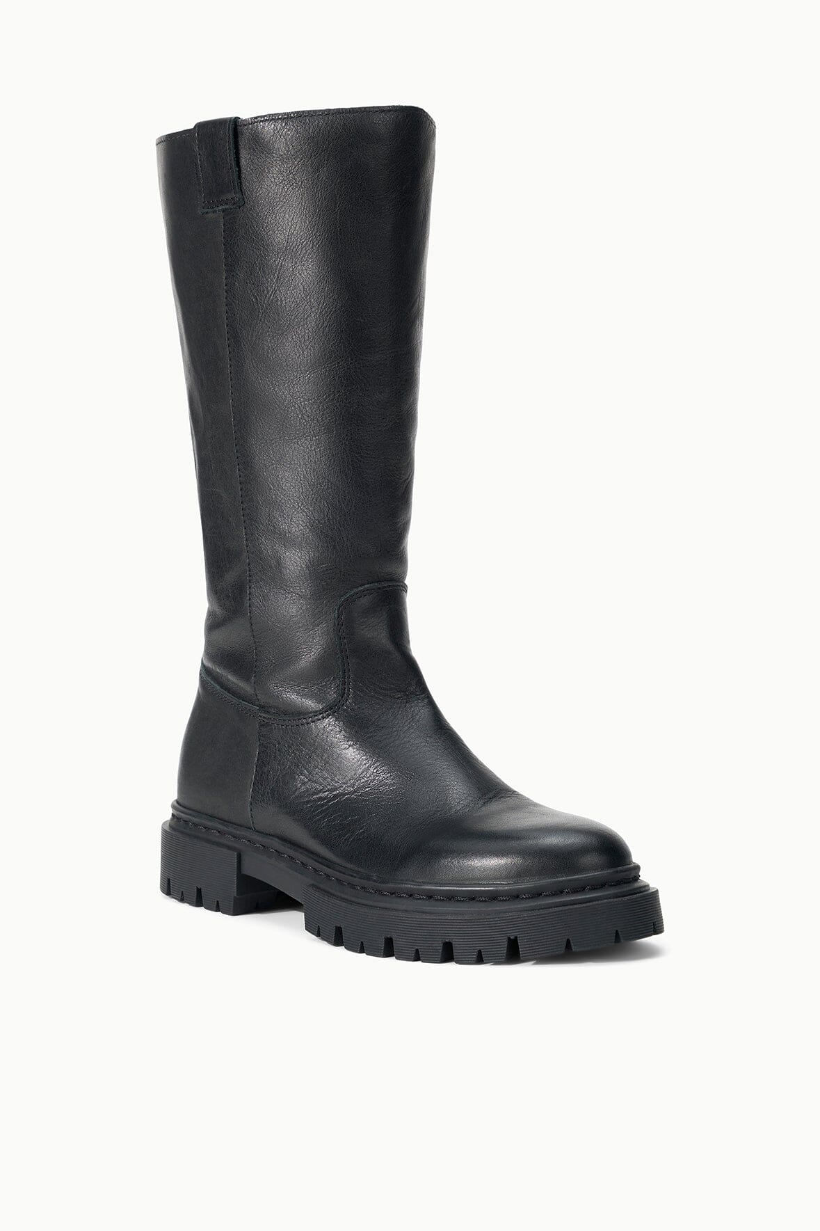 Black tall leather boot with lug sole and side pull tab