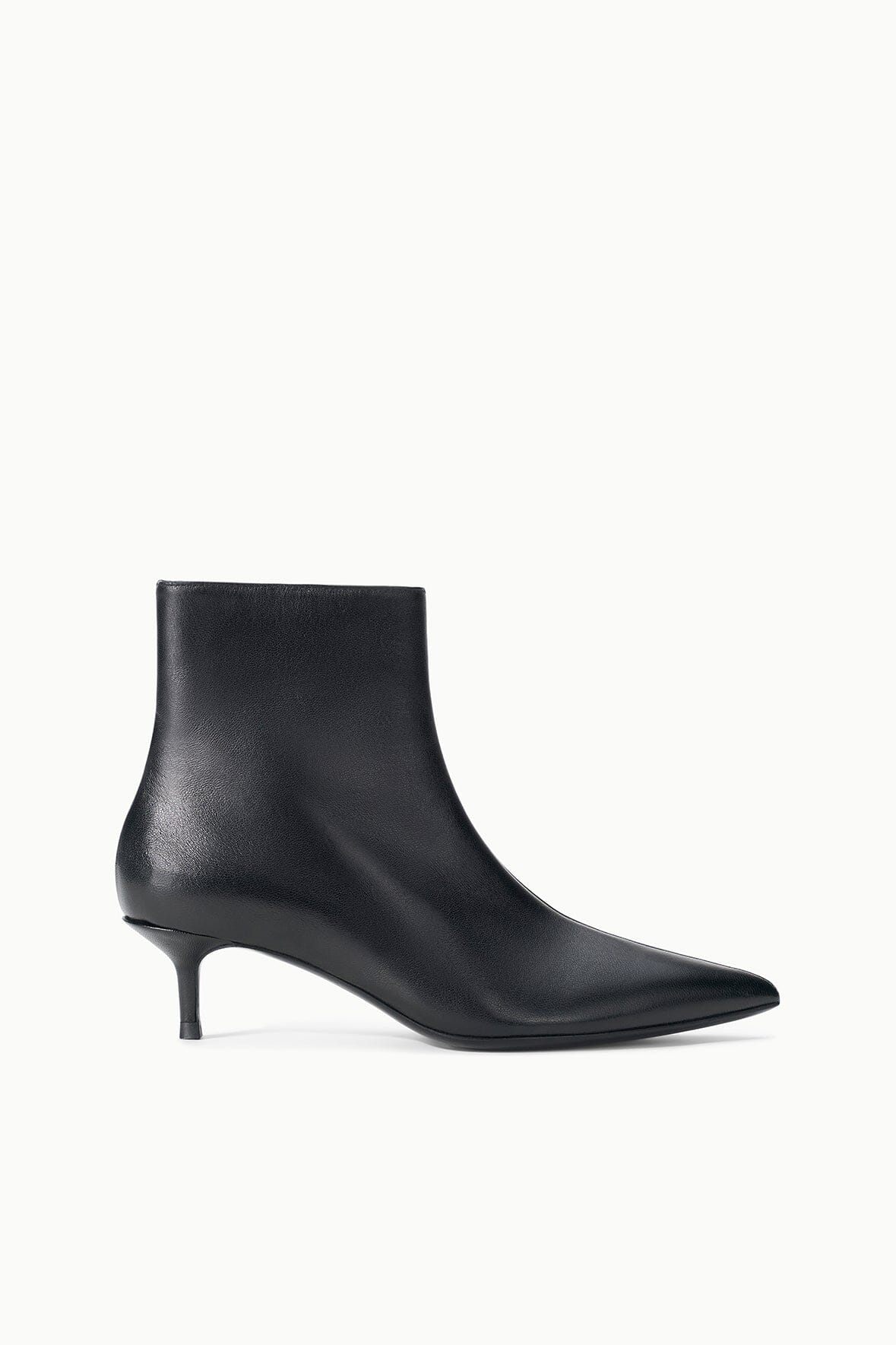 Black kitten-heel ankle boot with smooth leather-look finish and pointed toe