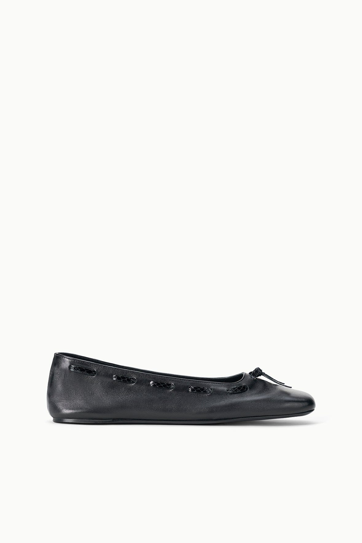 Black leather flat loafers with bow at vamp, low-profile sole