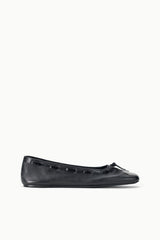 Black leather flat loafers with bow at vamp, low-profile sole