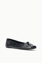Black pointed-toe flat loafers with bow detail and smooth leather