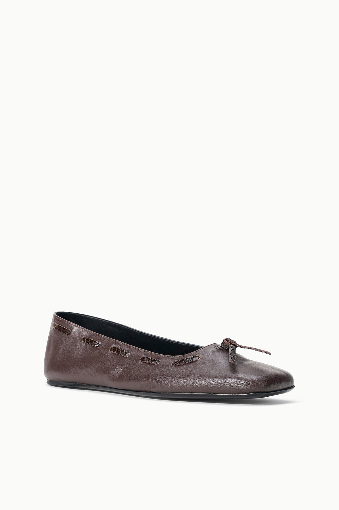 Espresso brown ballet flat with stitched trim and bow at the toe, side profile.