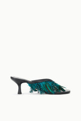 Black kitten-heel mule with teal feather fringe on the upper and open toe