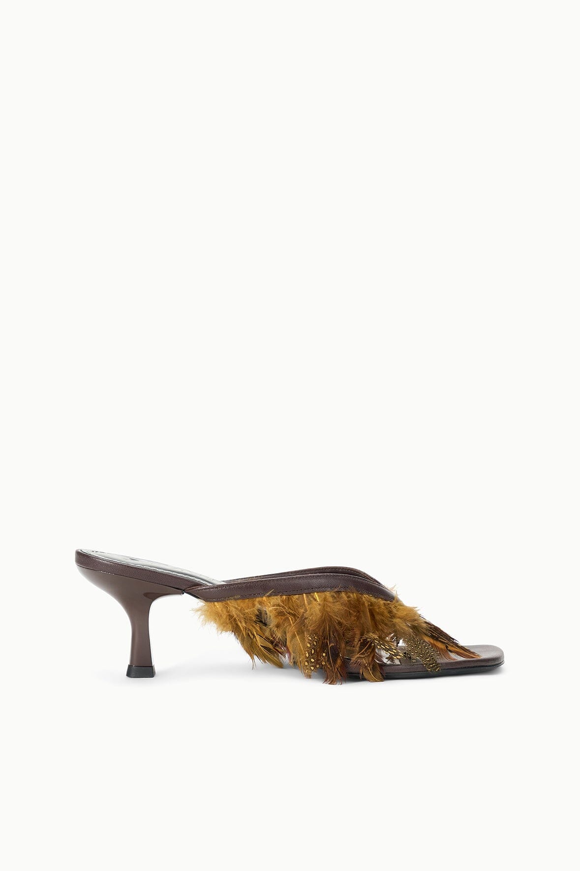 A single women's heeled mule sandal shown in side profile on a plain white background. The sandal features a dark brown leather strap and heel with a prominent, voluminous brown and gold feathered insole.