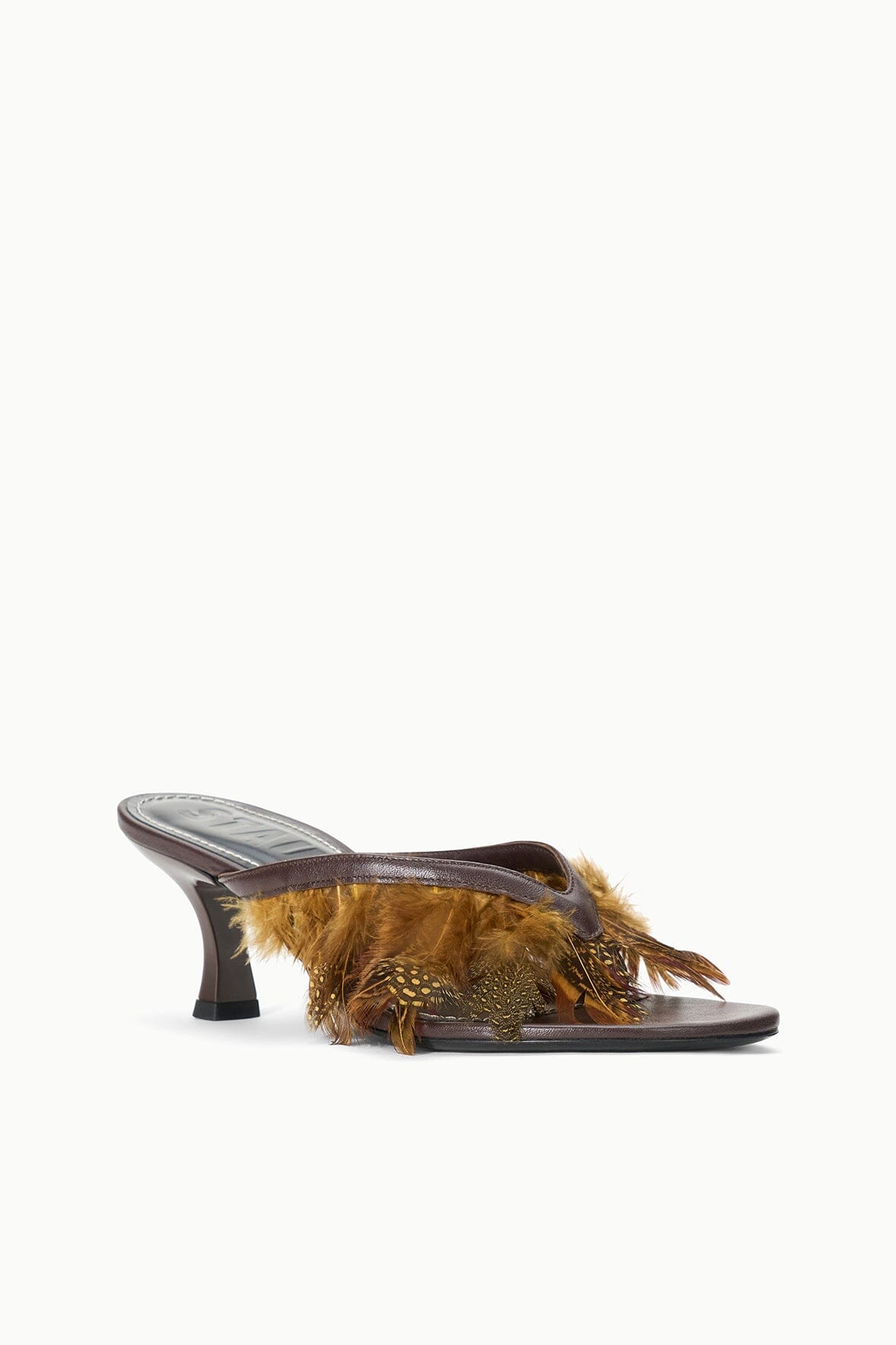 Espresso brown kitten-heel mules with faux fur fringe across the upper