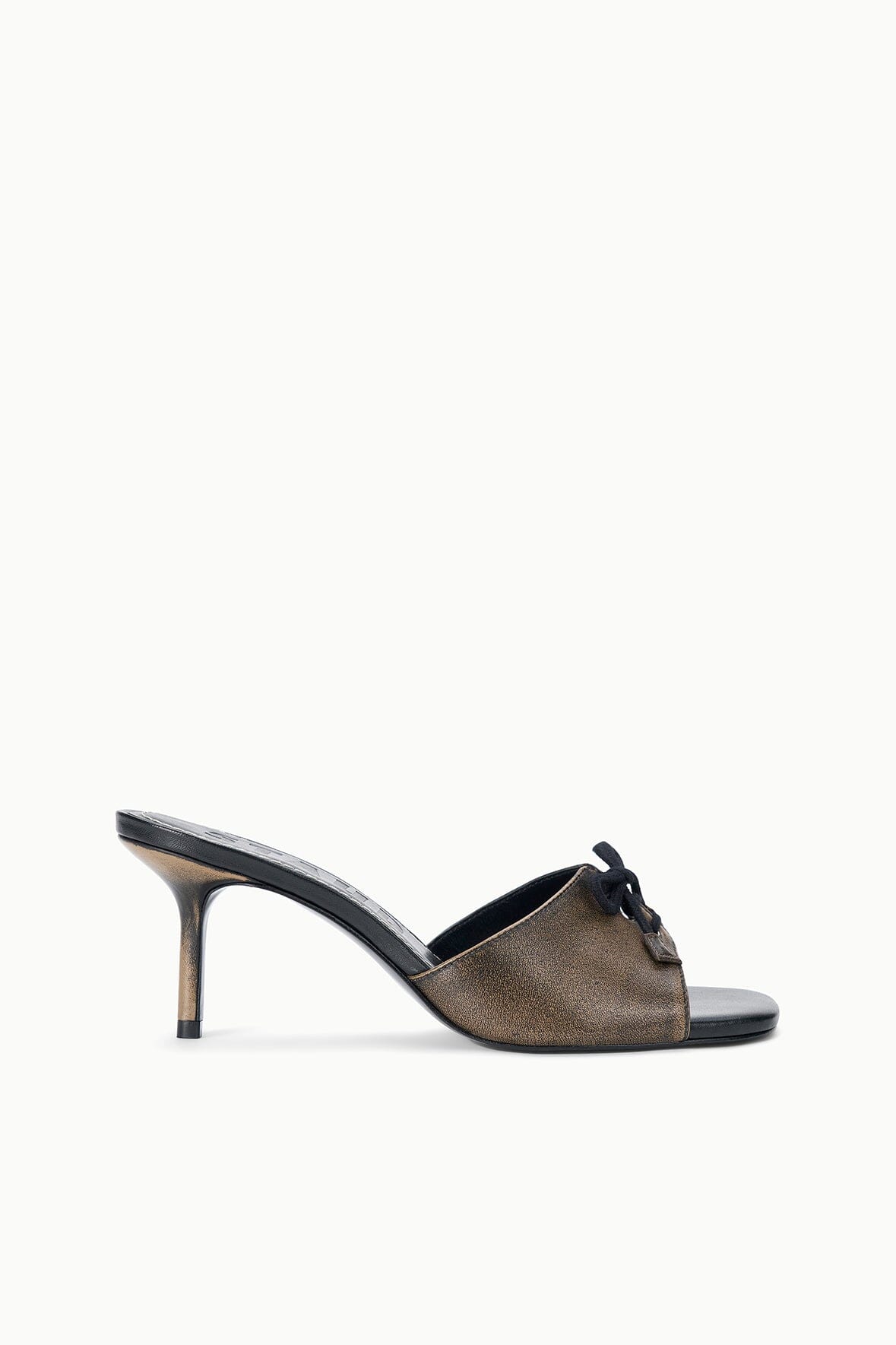 Black distressed mule sandal with thin heel and open toe