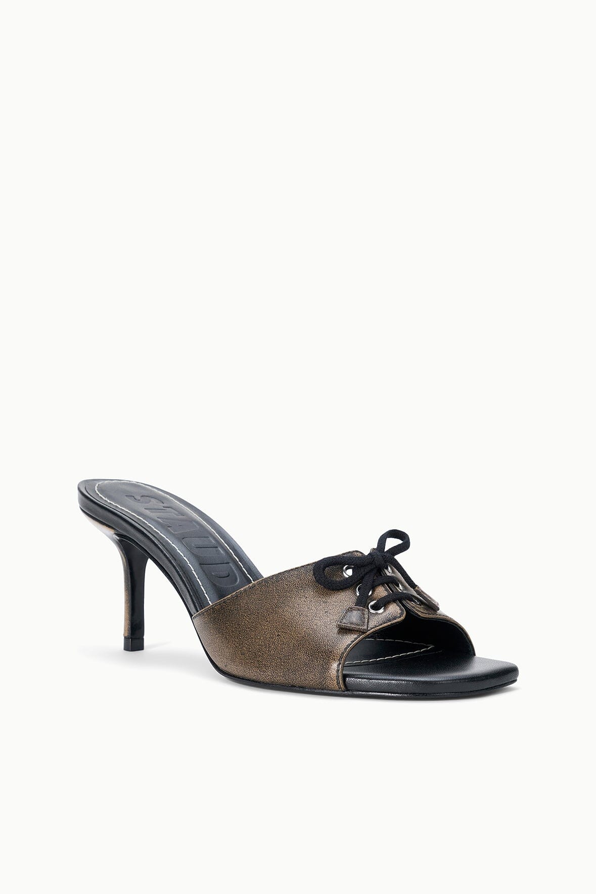 Black and dark distressed mule with lace-up vamp and slim stiletto heel