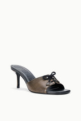 Black and dark distressed mule with lace-up vamp and slim stiletto heel