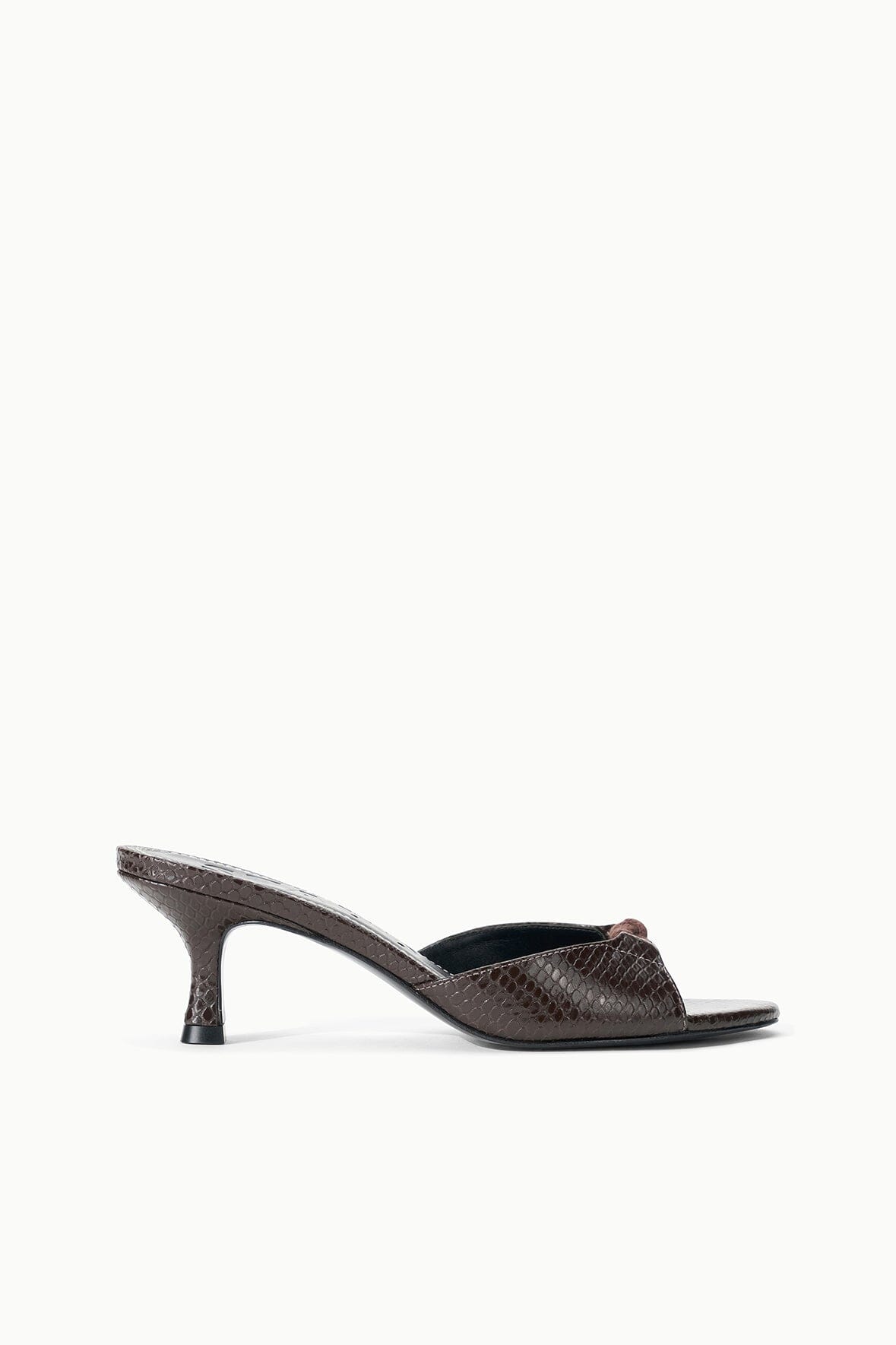 Espresso snake-print mule slide with open toe and stiletto heel
