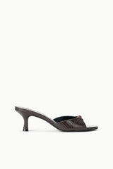Espresso snake-print mule slide with open toe and stiletto heel