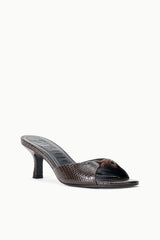 Espresso snake-print slide mule with open toe and braided knot accent
