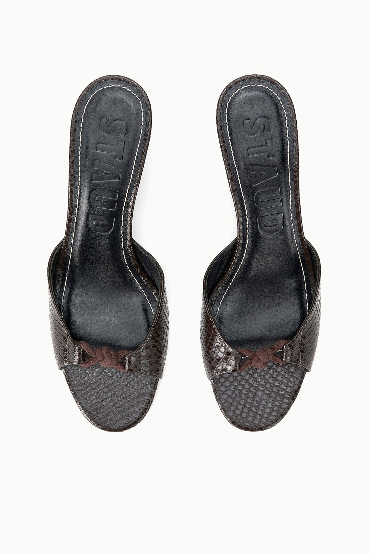 Espresso snake-print mules pair, open toe view with cushioned footbed