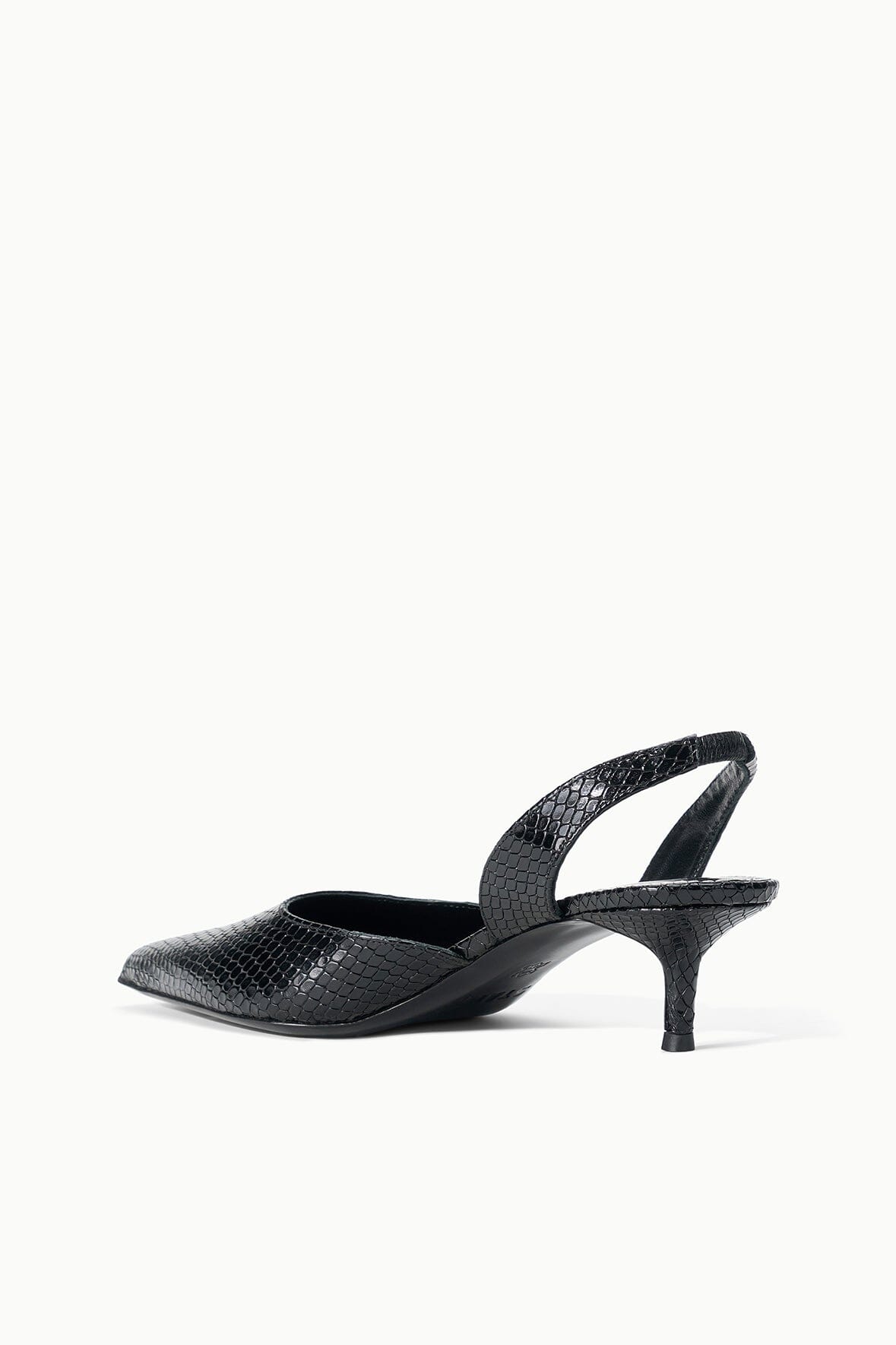 Black snake-texture slingback pump with pointed toe and slender stiletto heel
