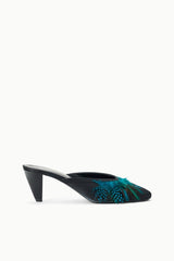 VELA black mule with teal feather trim and pointed toe, low block heel