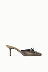 Black distressed mule with pointed toe, slim stiletto heel, and lace-up bow detail