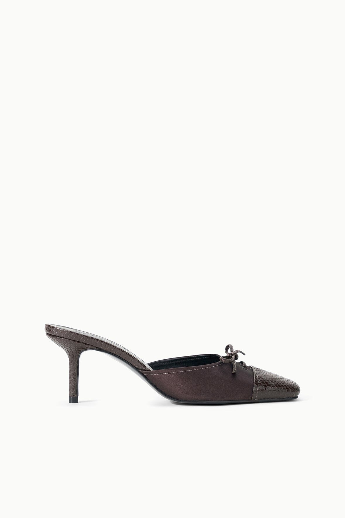Espresso snake-pattern mule with tapered toe, lace-up vamp, and stiletto heel.
