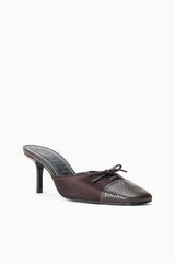 Espresso mule with snake-print upper, lace front, and slim stiletto heel.