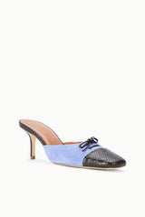 FAYE mule in light blue suede with dark textured toe and lace bow, slim heel