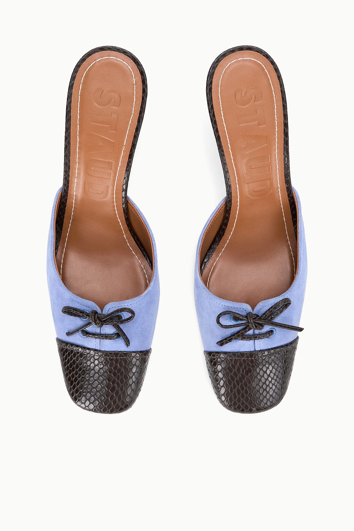 FAYE mule pair: light blue suede with dark textured toe and bow laces on slim heels