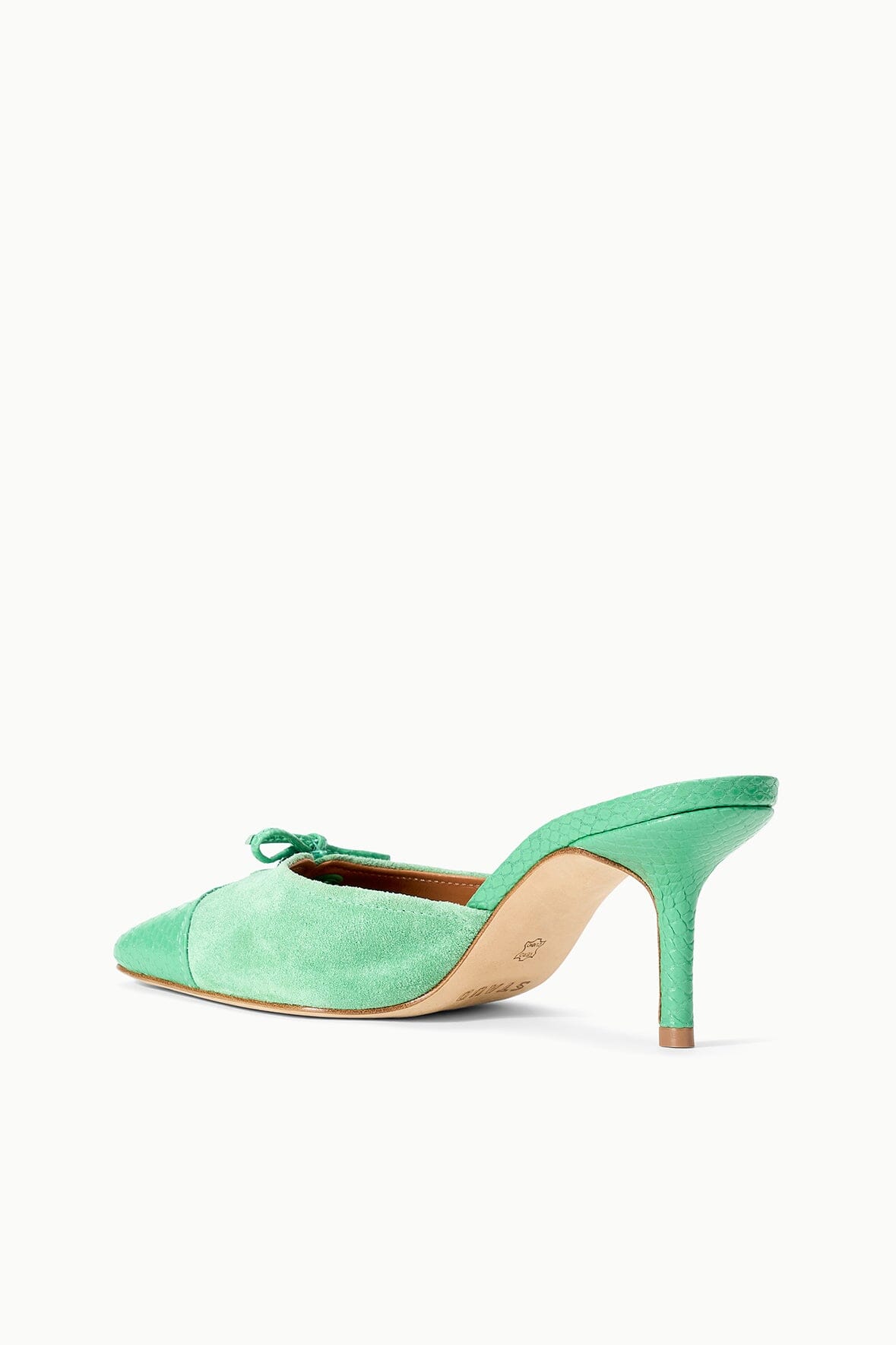 Seafoam green mule slingback style with pointed toe, tie bow, slim stiletto heel