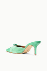 Seafoam green mule slingback style with pointed toe, tie bow, slim stiletto heel
