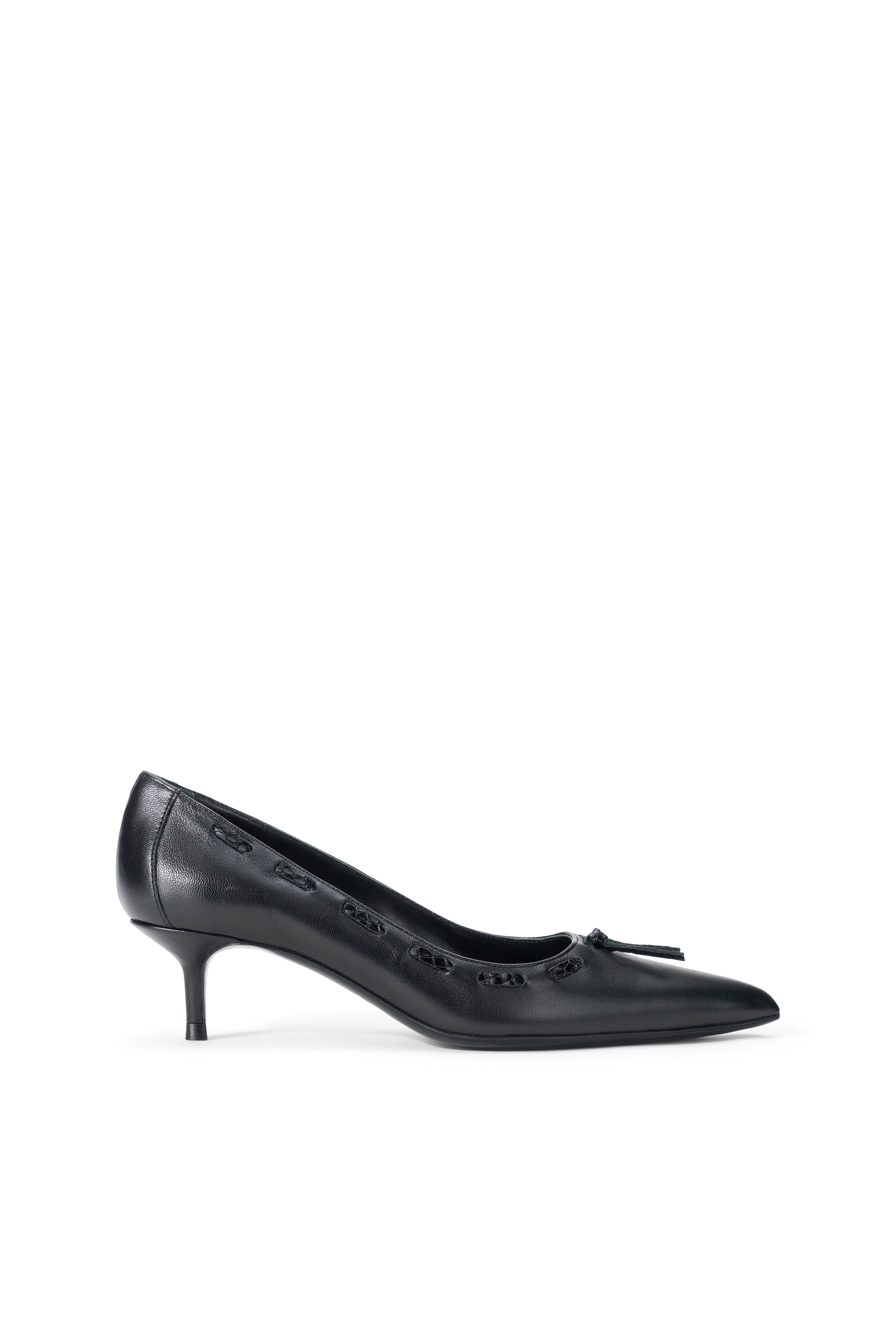 Black leather kitten heel pump with bow detail, side profile view
