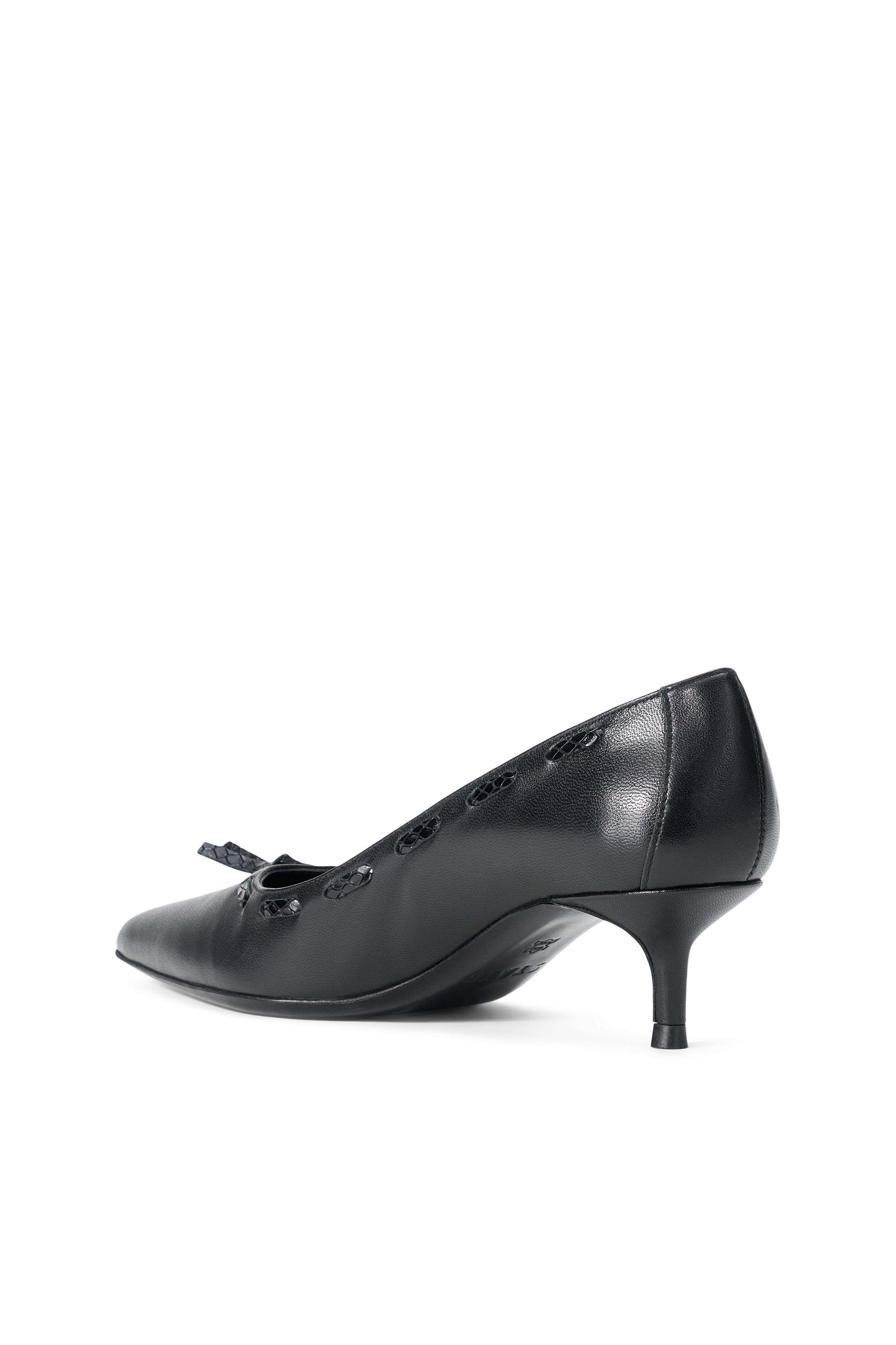 Black leather kitten heel pump with bow detail, side view