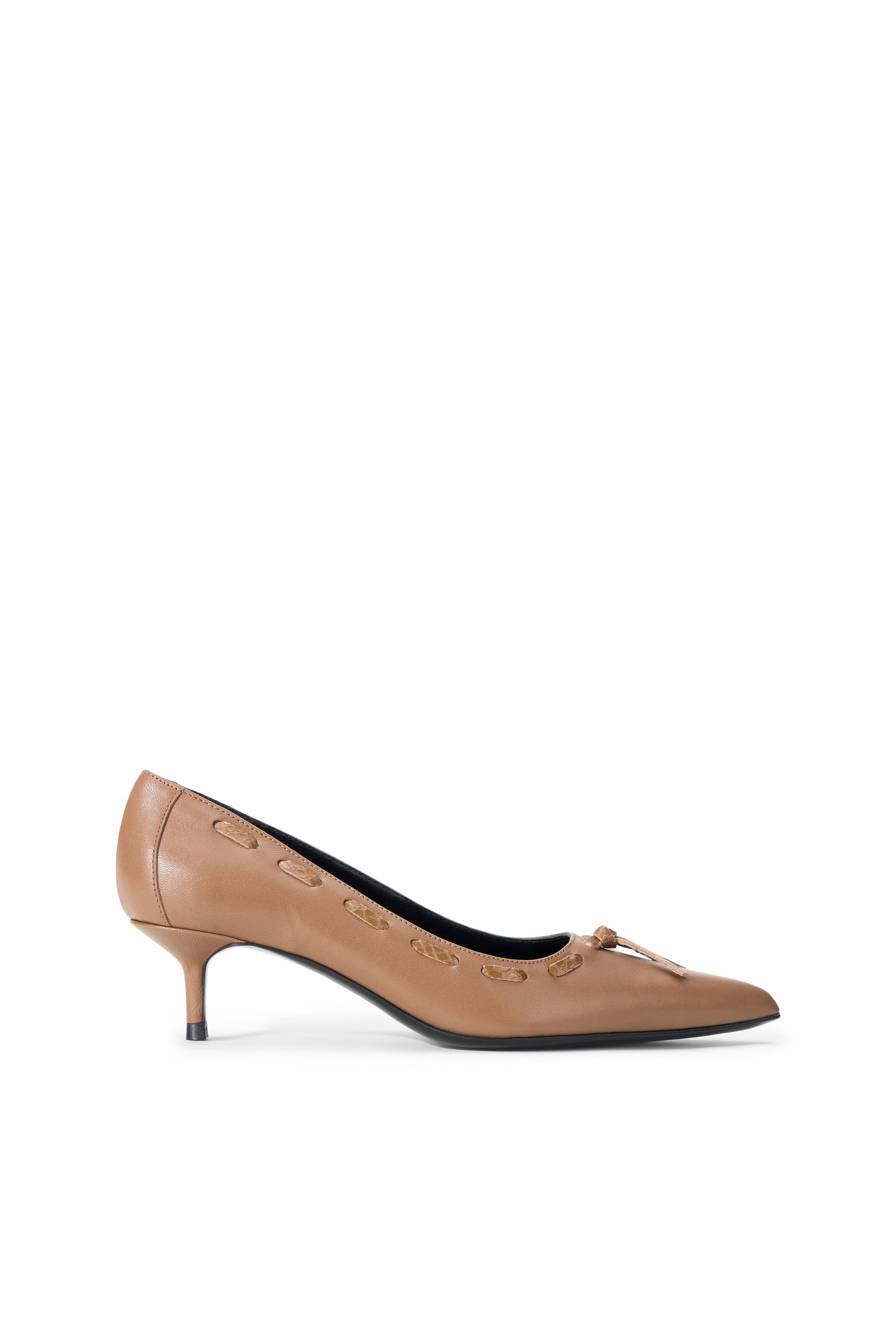 Tan leather pointed-toe kitten heel pump with bow-tie detail and slim heel