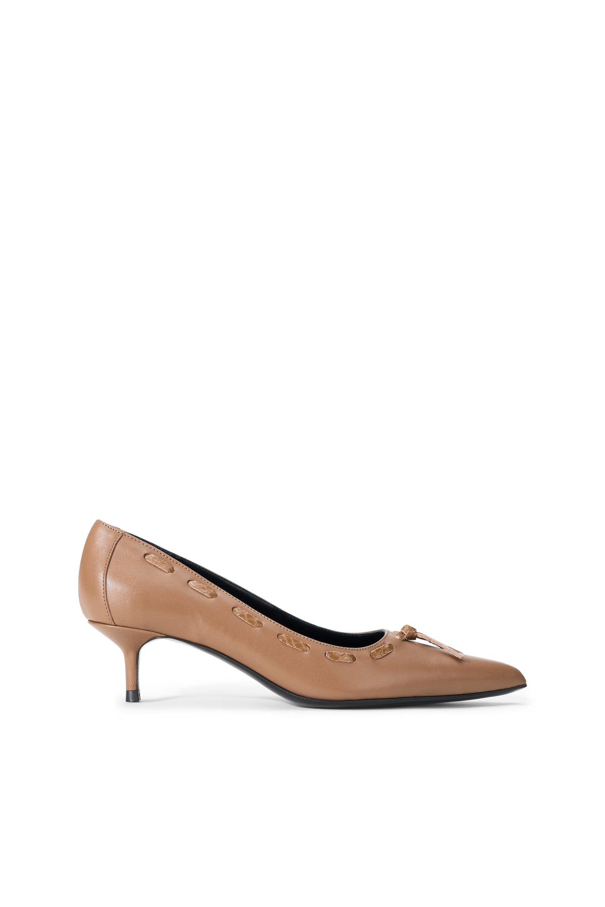 Tan leather pointed-toe kitten heel pump with bow-tie detail and slim heel