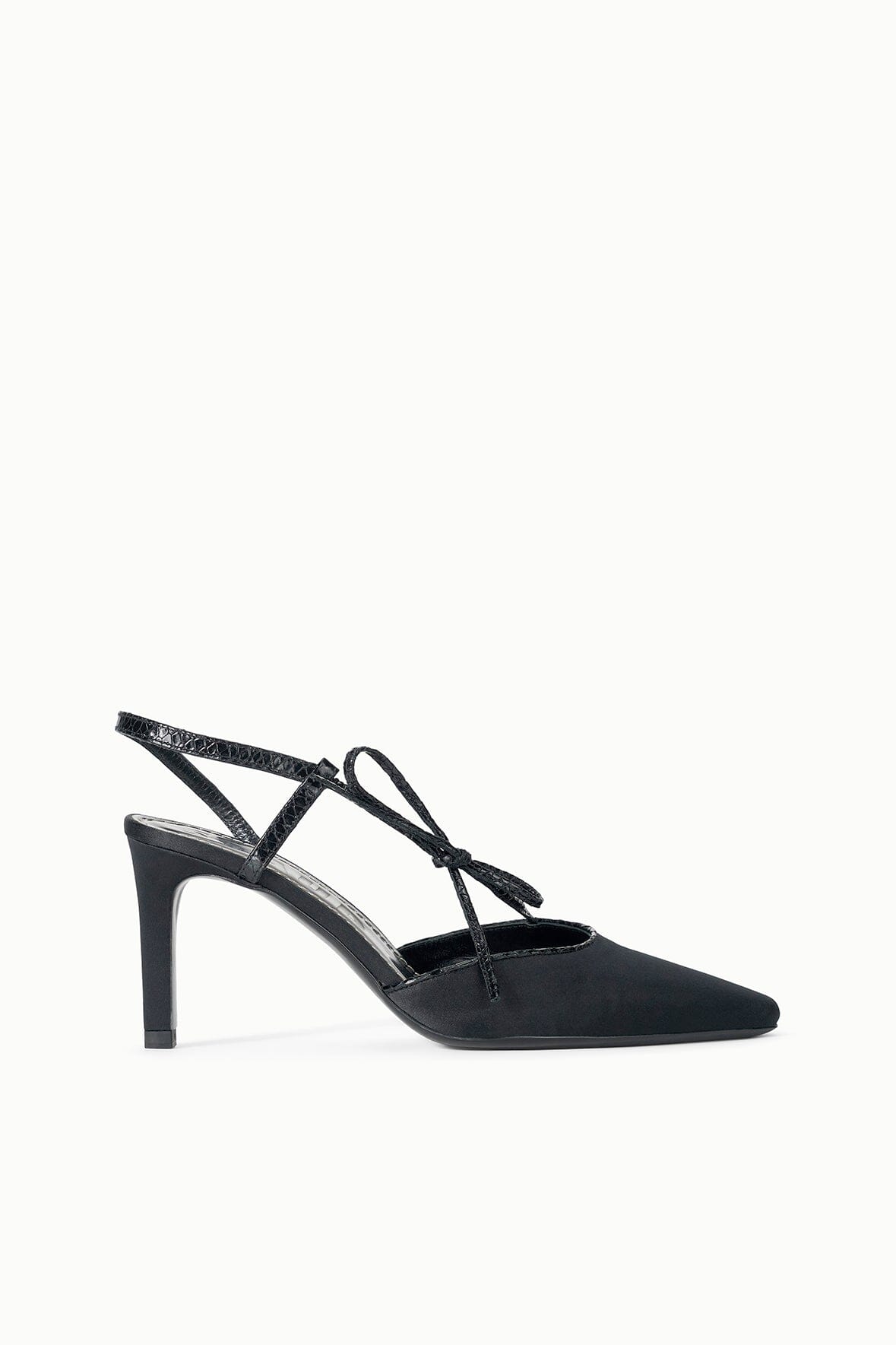 Black pointed-toe heeled sandal with ankle tie straps and back harness