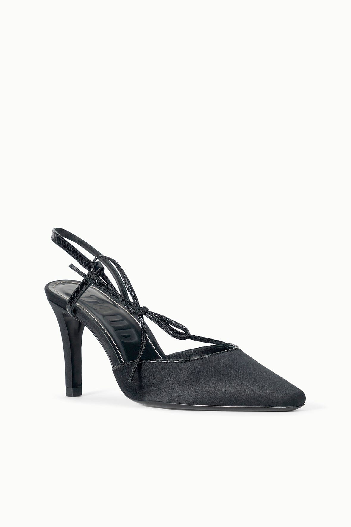 Black pointed-toe heeled sandal side view with thin ankle tie straps